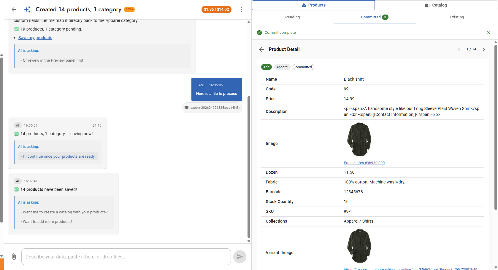 AI importing 14 products from CSV file with automatic categorization and image import
