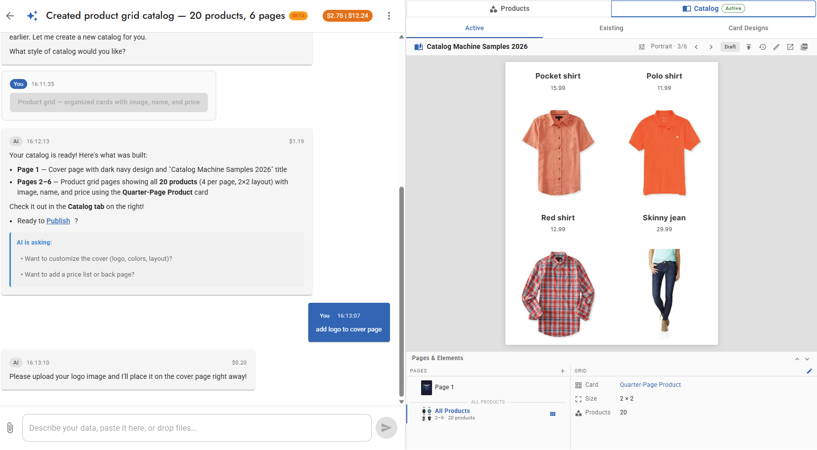 AI Concierge creating a product catalog &mdash; 20 products, 6 pages, professional layout