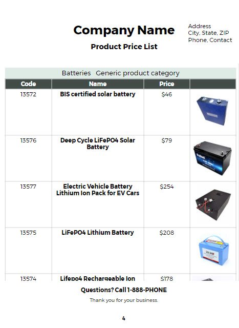 Price List with prices and image