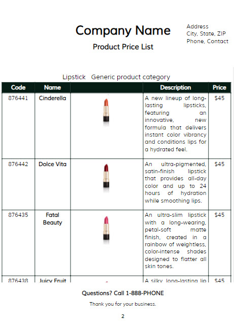 Wholesale and retail price lists